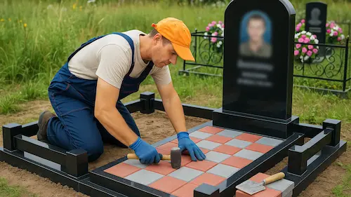 Кладка тротуарной плитки на участке захоронения
